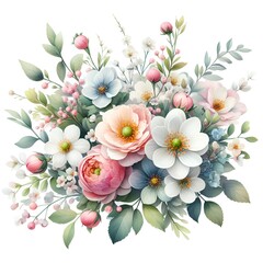Watercolour floral bouquet of flowers on white background for wedding stationary invitations, greetings, wallpapers, fashion, prints