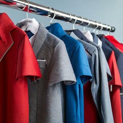 Clean New School Uniforms On Hangers In Blue Grey And Red