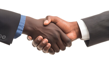 close-up of a handshake between two black businessmen, focus on hands and forearms, wearing business suits, transparent background, detailed view. PNG