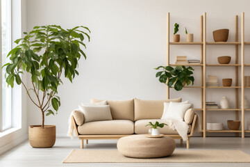 Contemporary Scandinavian, japandi living room featuring a neutral-colored couch, wood tables, and indoor greenery, with shelfs. simplicity could be used for real estate showcases.