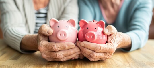 Senior couple s hands holding pink piggy bank  shared commitment to retirement savings and pension - obrazy, fototapety, plakaty