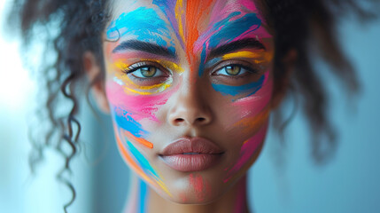 portrait of a woman with painted face, dark skin, 25s