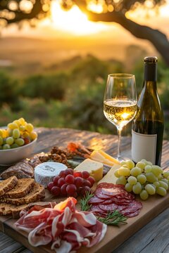 Picnic served outside with a glass of wine, cheese, grapes, salami on a wooden board in sunlight