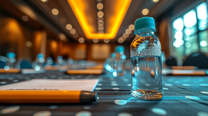 Business conference hall, water bottle in focus - obrazy, fototapety, plakaty