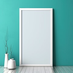 blank frame in Turquoise backdrop with Turquoise wall, in the style of dark gray