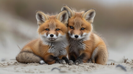 Beautiful fox cubs in the winter forest, wildlife