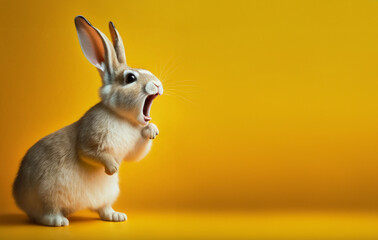 Excited young rabbit with mouth wide open in awe, ears perked up, against vibrant yellow background - obrazy, fototapety, plakaty