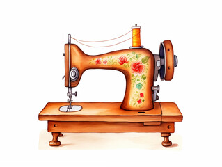 Watercolor illustration of sewing machine on white background isolated