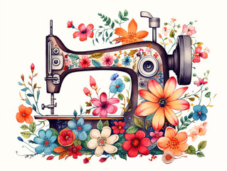 Watercolor illustration of sewing machine with beautiful  flowers on white isolated