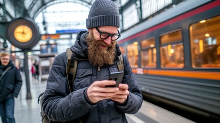 Smiling bearded man enjoying his time while checking his smartphone at a bustling train station