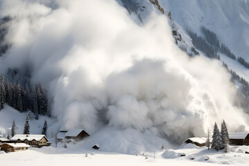massive avalanche, massive snow avalanche hitting a mountain village, alps