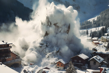 massive avalanche, massive snow avalanche hitting a mountain village, alps