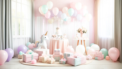 Fototapeta na wymiar Elegant Pastel-Themed Birthday Party Table Setup