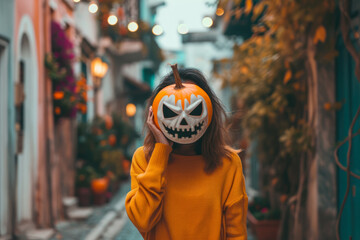 model wearing a halloween mask and a costume in a street with a pumpkin