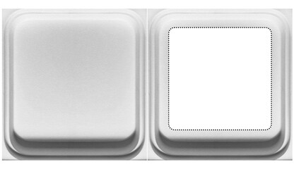 Full and empty ticket, button, card. Blank label in frame on white background. Gray texture, background isolated.