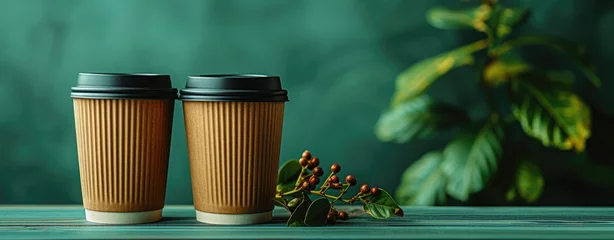 Papier Peint photo autocollant Bar a café Two paper coffee cups on a green background. Coffee to go