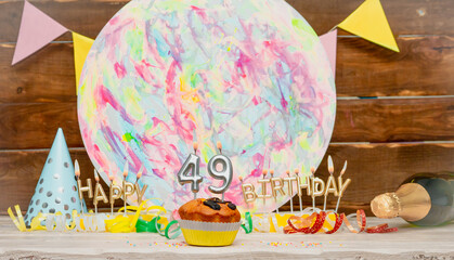 Date of Birth  49. Happy birthday candles. Pie with burning candles. Congratulation postcard....