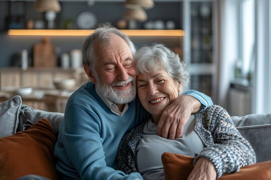 Happy, love and senior couple on a sofa hugging, bonding and relaxing together in their living room. Happiness, laugh and elderly man and woman pensioners in retirement
