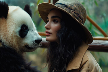 model wearing a hat and a coat in a zoo with a panda