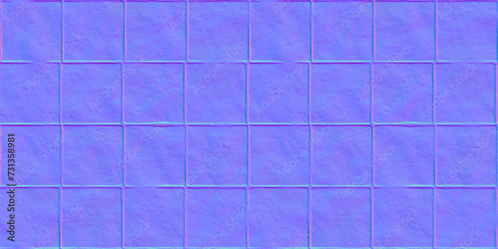 Poster Seamless square concrete floor tiles normal map background texture. Rough scratched cement repeat pattern. Realistic 8k game or architecture design height or bump mapping material shader 3D rendering.