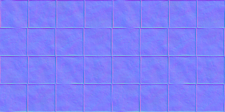 Seamless square concrete floor tiles normal map background texture. Rough scratched cement repeat pattern. Realistic 8k game or architecture design height or bump mapping material shader 3D rendering.