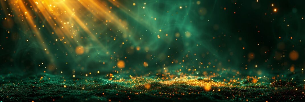 Elegant gold bokeh on defocused emerald green background for banner or wallpaper design