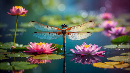Dragonfly on the background of water lilies - obrazy, fototapety, plakaty