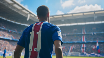 Back view of a man's soccer player wearing the soccer uniform against the backdrop of a lively soccer stadium. Olympic Games, World Cup. Generative AI