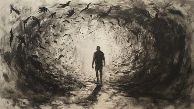 Illustration representing person fighting against distorted thoughts, depression and anxiety