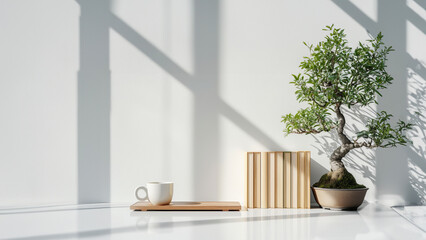 Japanese bonsai plant and books and cup on shelf, backdrop in a white wall, near window. Creating zen atmosphere at home - obrazy, fototapety, plakaty