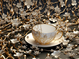 A coffee or tea cup with a beautiful blossom floral pattern around it.