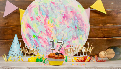 Date of Birth  17. Happy birthday candles. Pie with burning candles. Congratulation postcard....