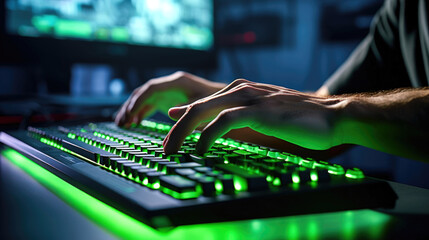 Fingers Flying across the Keyboard in a Light Green and Black Gaming Setup of a Professional Gamer