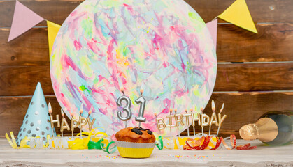 Date of Birth  31. Happy birthday candles. Pie with burning candles. Congratulation postcard....