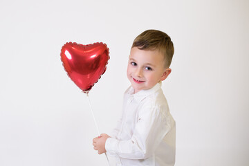 Little children with air balloons on white background. Valentine's Day Celebration