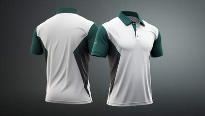 n image displaying a mockup of a polo shirt in white and green, highlighting its style.
