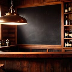 Blank, empty blackboard sign on wall behind bar in restaurant