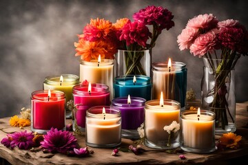 Obraz na płótnie Canvas A Tranquil Haven Revealed in HD-Captured Splendor, Featuring an Exquisite Ensemble of Multicolored Wax Candles Adorned in Glass Holders, Gracefully Paired with Fresh Blooms and Books atop a Table Set