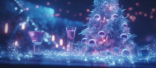 A detailed look at Christmas tree and drinks on a table during Christmas Eve.