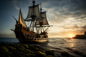 Fototapeta premium Sailboat, Sailboat driving through the ocean. sailing, old boat