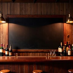 Blank, empty blackboard sign on wall behind bar in restaurant