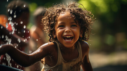 Happy children drinking clean water from a well - obrazy, fototapety, plakaty