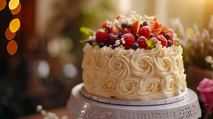 A delectable cake adorned with swirls of creamy frosting, fresh fruit toppings, and a sprinkle of edible flowers