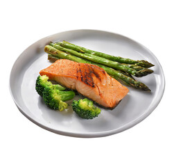 Grilled salmon, broccoli, and grilled asparagus