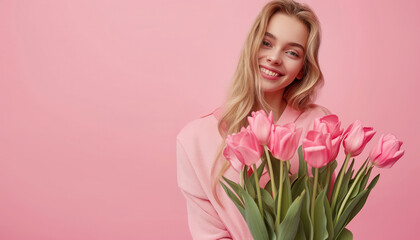 Young woman smiling, holding pink tulips, cheerful, fresh, spring vibe, wearing pastel sweater, poses on pink background, looking content, festive mood.