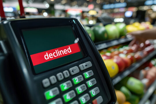 Payment terminal with declined notification in grocery store, displaying error during a payment process, amidst fresh produce.