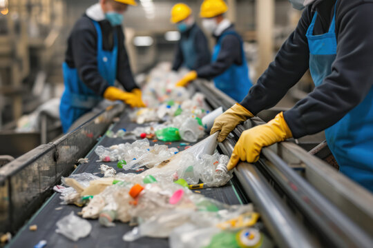 Workers in safety gear sort recyclable materials on a busy conveyor belt at a modern waste management facility.