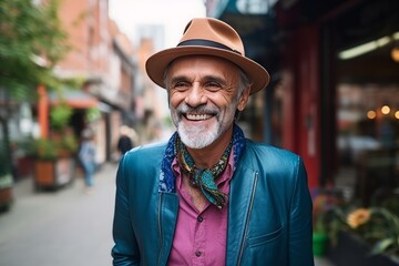 Portrait of a smiling senior man in hat walking in the city