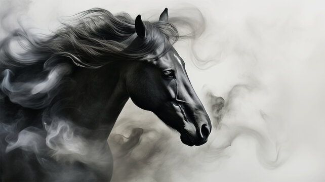An AI generative image of black horse head with swirling smoke gently billow in the background, creating an abstract and mesmerizing atmosphere