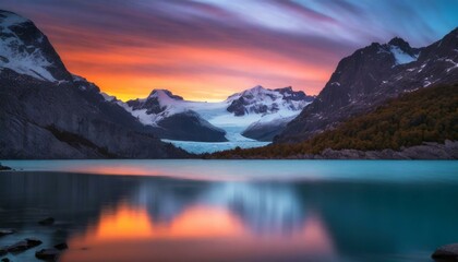 Fototapeta na wymiar a beatiful sunset with mountains in the background and a lake with glacier water in the forest